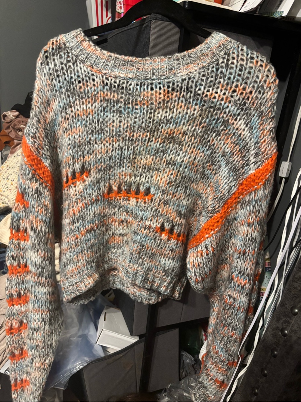 Marled Gray Crewneck Sweater with Orange Highlight - Women